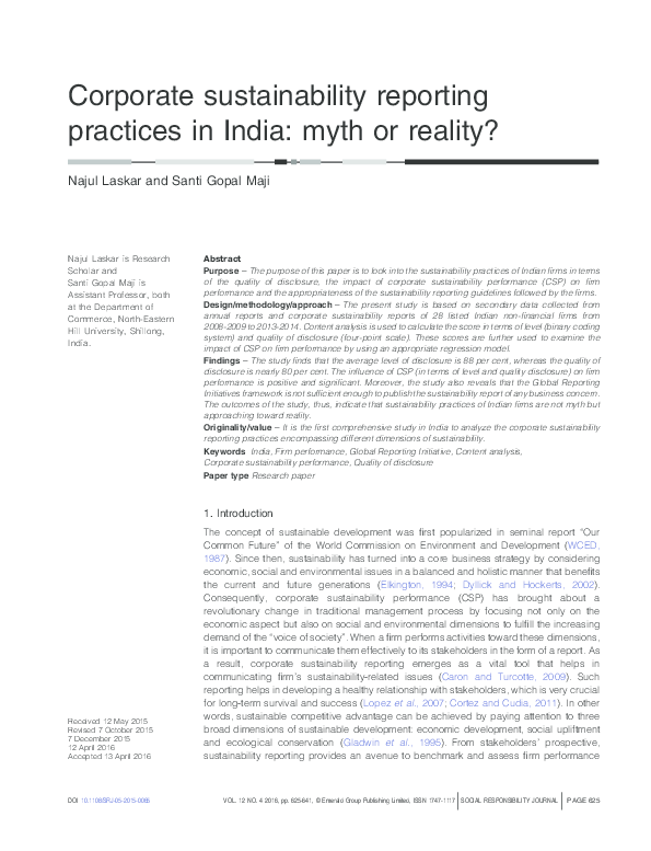 (PDF) Corporate sustainability reporting practices in India: myth or ...