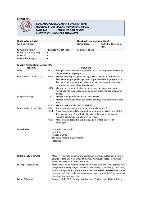 (PDF) Format RPS RENCANA PEMBELAJARAN SEMESTER (RPS) PROGRAM STUDI ...