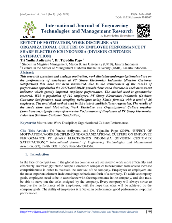 (PDF) EFFECT OF MOTIVATION, WORK DISCIPLINE AND ORGANIZATIONAL CULTURE ...