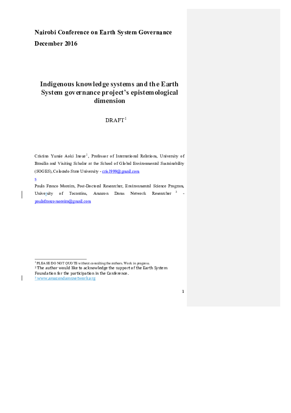 (PDF) Indigenous knowledge systems and the Earth System governance ...
