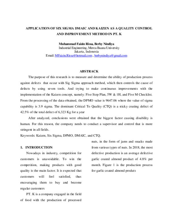 (PDF) APPLICATION OF SIX SIGMA DMAIC AND KAIZEN AS A QUALITY CONTROL ...