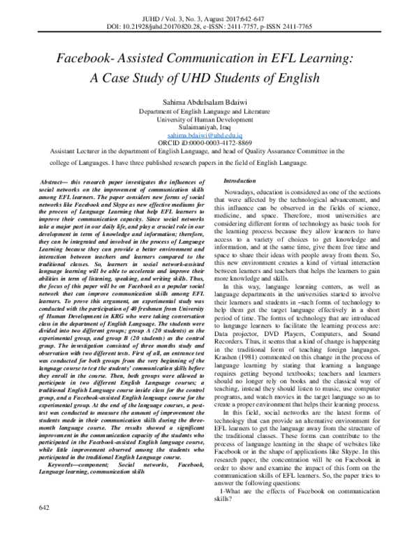 (PDF) Facebook- Assisted Communication in EFL Learning: A Case Study of ...