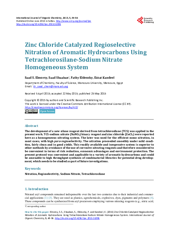 (PDF) Zinc Chloride Catalyzed Regioselective Nitration of Aromatic