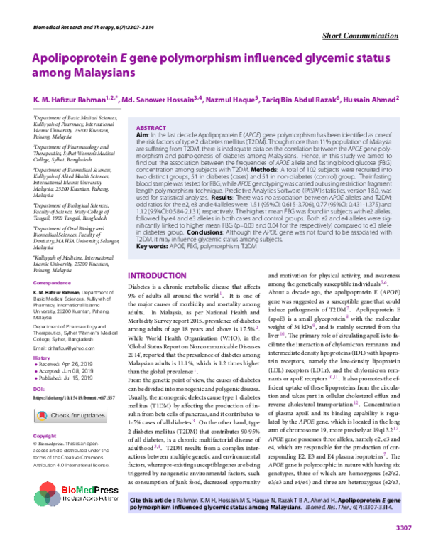 (PDF) Apolipoprotein E gene polymorphism influenced glycemic status ...