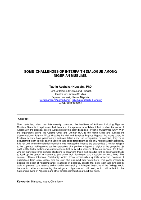(DOC) Islam and Challenges of Interfaith Dialogue among Nigerian Muslims