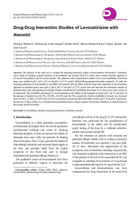 Pdf Drug Drug Interaction Studies Of Levocetirizine With Atenolol Journal Of Pharmacy And Pharmacology Academia Edu