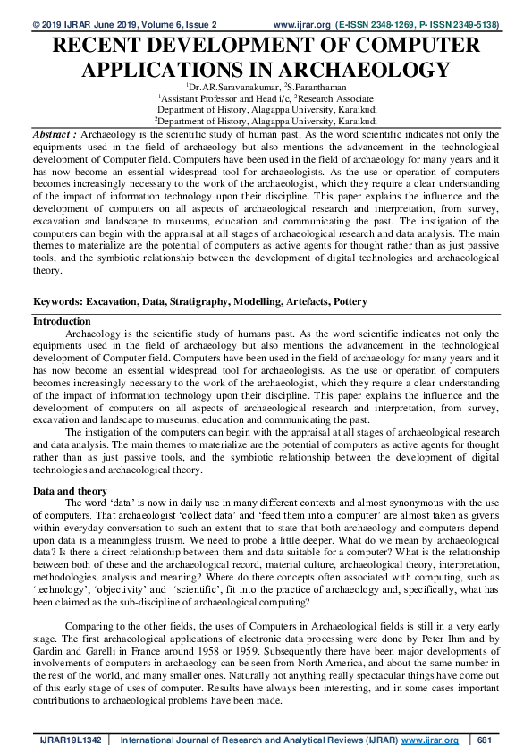 (PDF) RECENT DEVELOPMENT OF COMPUTER APPLICATIONS IN ARCHAEOLOGY