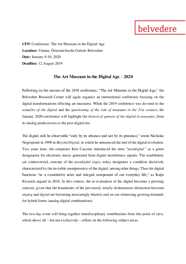 (PDF) Call for Papers The Art Museum in the Digital Age 2020 (PDF) Call for Papers The Art Museum in the Digital Age 2020
