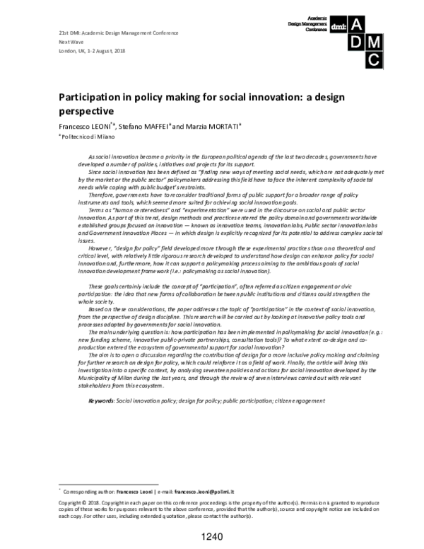 (PDF) Participation in policy making for social innovation: a design ...