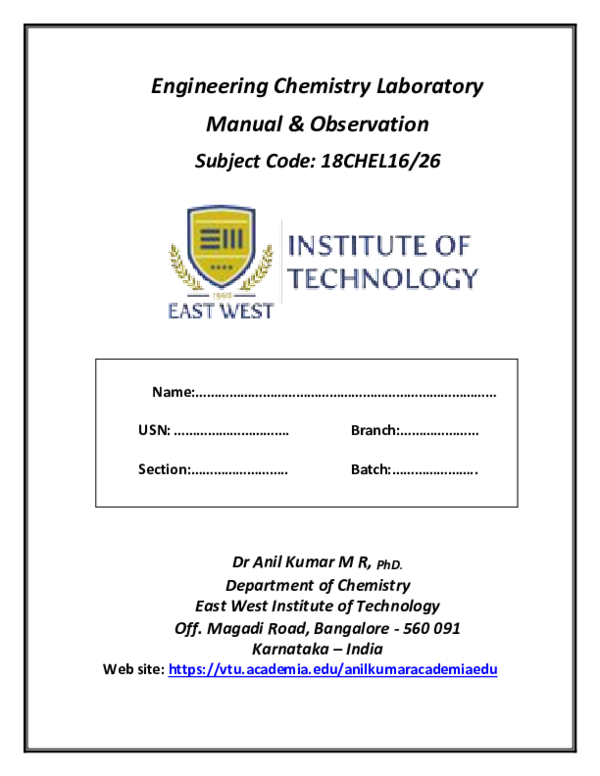 (PDF) Engineering Chemistry Laboratory Manual & Observation Subject Code 18CHEL16/26 ANIL