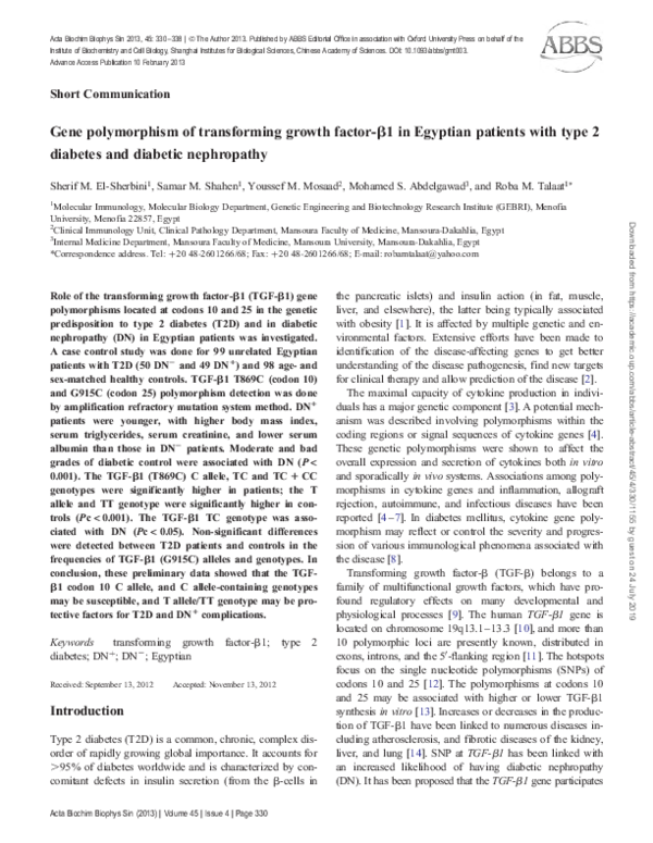 (PDF) Gene polymorphism of transforming growth factor- 1 in Egyptian ...