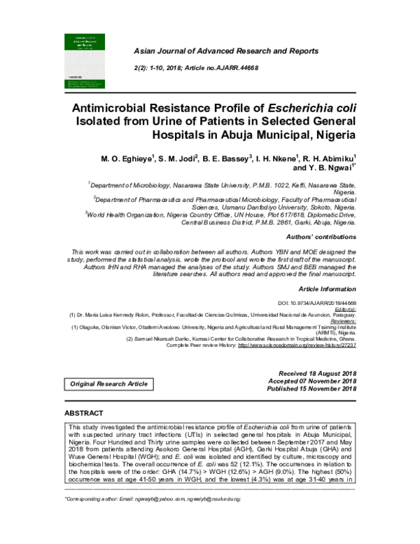 (PDF) Antimicrobial Resistance Profile of Escherichia coli Isolated ...
