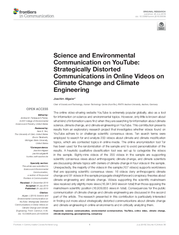 Science and Environmental Communication on YouTube: Strategically Distorted Communications in Online Videos on Climate Change and Climate Engineering