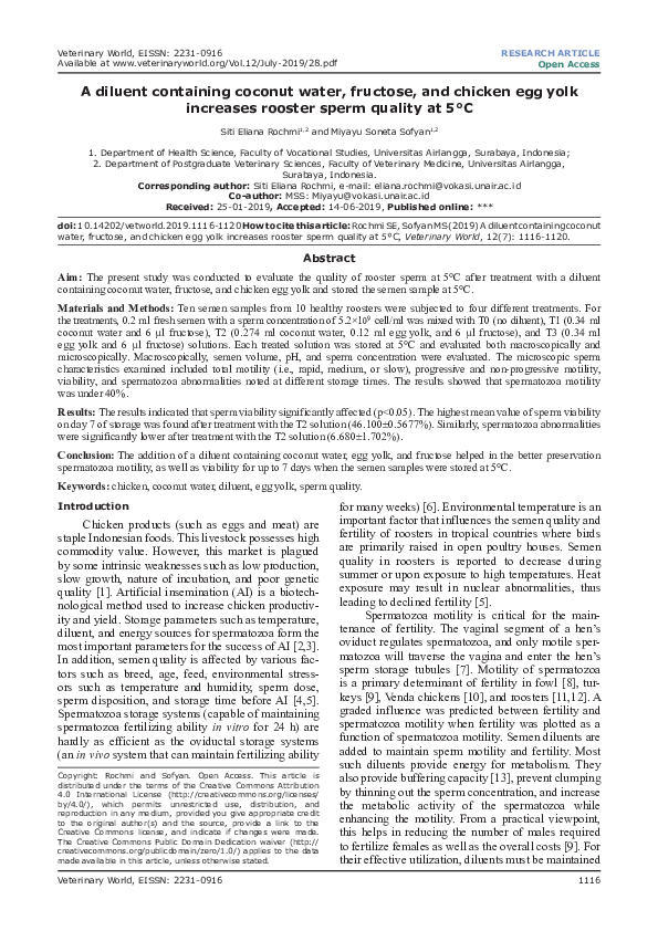 (PDF) A diluent containing coconut water, fructose, and chicken egg