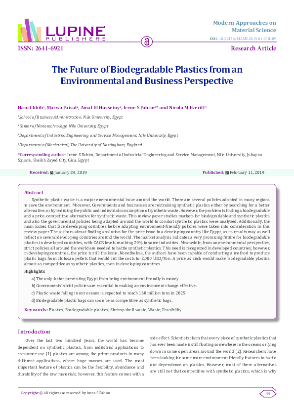 (PDF) The Future of Biodegradable Plastics from an Environmental and ...