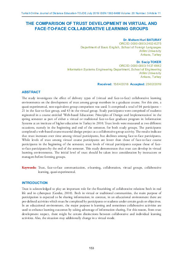 (PDF) THE COMPARISON OF TRUST DEVELOPMENT IN VIRTUAL AND FACE-TO-FACE ...