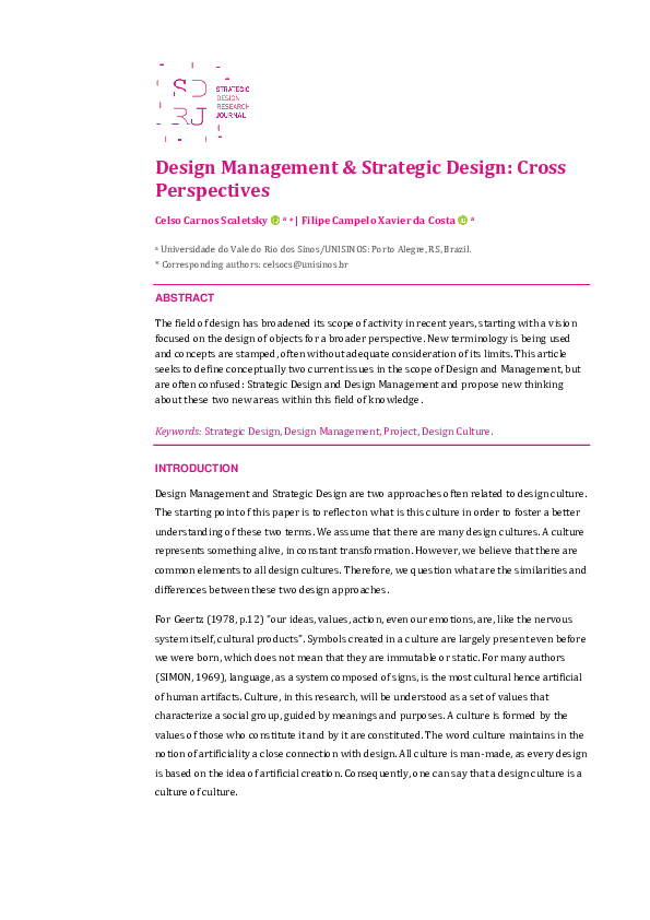 (PDF) Design Management & Strategic Design: Cross Perspectives