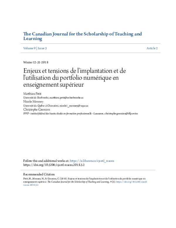Pdf Enjeux Et Tensions De L Implantation Et De L Utilisation Du Portfolio Numerique En Enseignement Superieur Christophe Gremion Academia Edu
