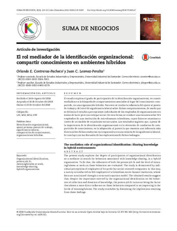 (PDF) El rol mediador de la identificación organizacional compartir
