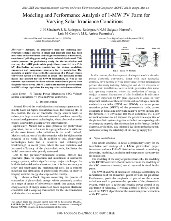 (PDF) Modeling and Performance Analysis of 1-MW PV Farm for Varying ...