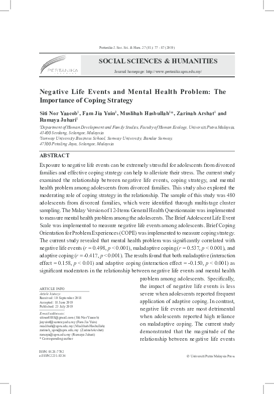 (PDF) Negative Life Events and Mental Health Problem: The Importance of ...