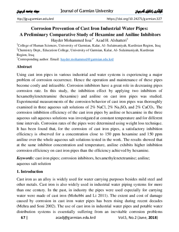 (PDF) Corrosion Prevention of Cast Iron Industrial Water Pipes: A ...