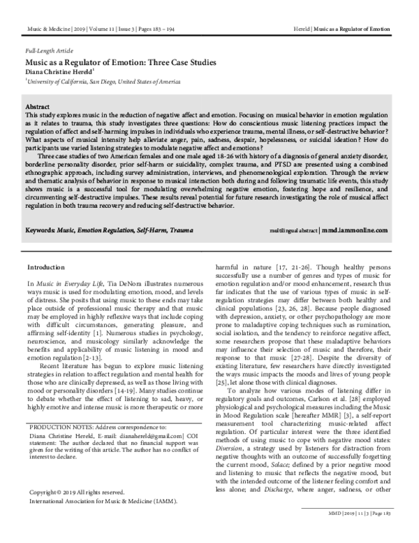 (PDF) Music as a Regulator of Emotion Three Case Studies Diana C