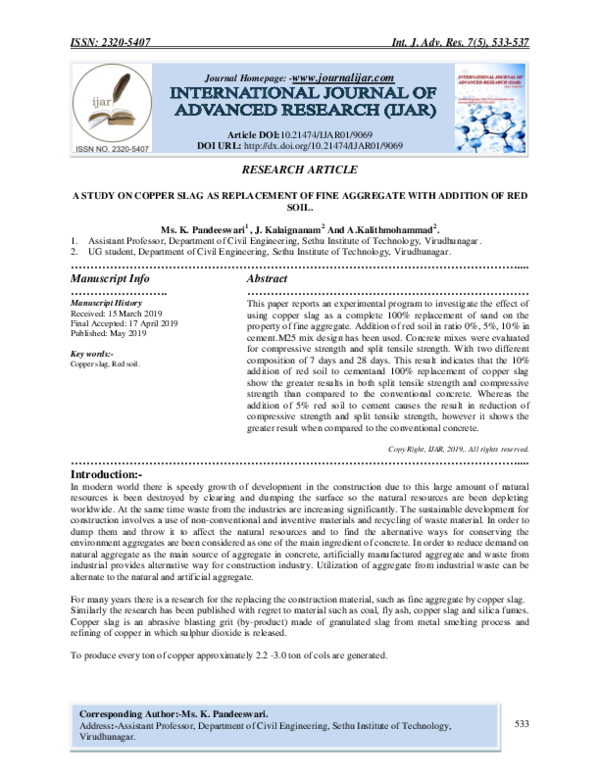 (PDF) A STUDY ON COPPER SLAG AS REPLACEMENT OF FINE AGGREGATE WITH ...