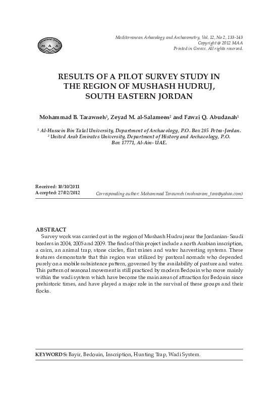 (PDF) RESULTS OF A PILOT SURVEY STUDY IN THE REGION OF MUSHASH HUDRUJ ...