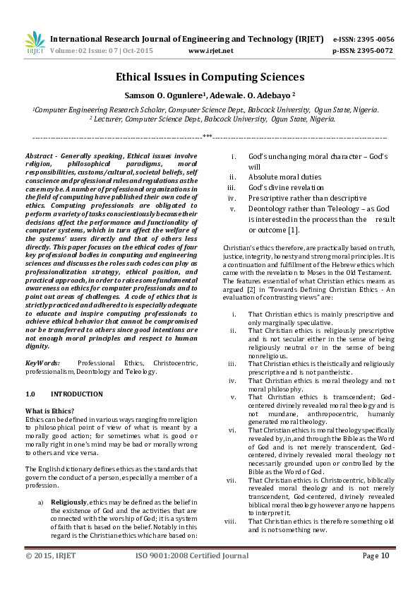 (PDF) Ethical Issues in Computing Sciences