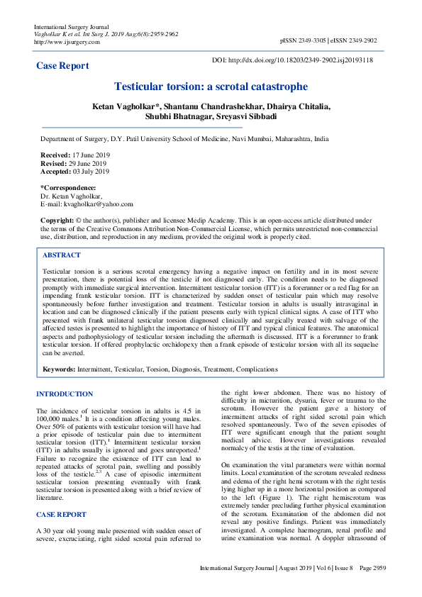 (PDF) Testicular torsion a scrotal catastrophe Dr Ketan Vagholkar