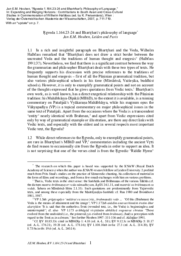 First page of “RV 1.164.23-24 and Bhartrhari's philosophy of language”