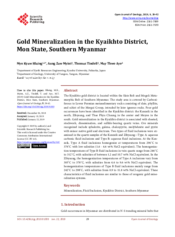 (PDF) Gold Mineralization in the Kyaikhto District, Mon State, Southern ...