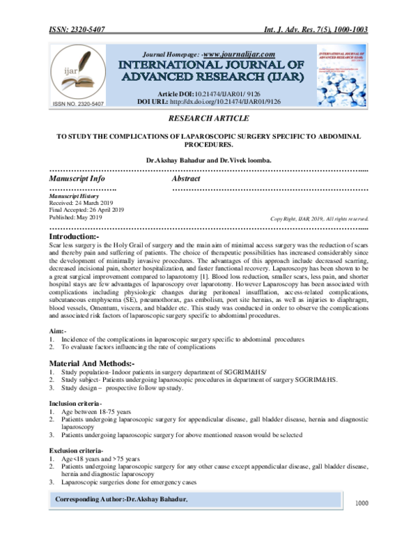 (PDF) TO STUDY THE COMPLICATIONS OF LAPAROSCOPIC SURGERY SPECIFIC TO ...