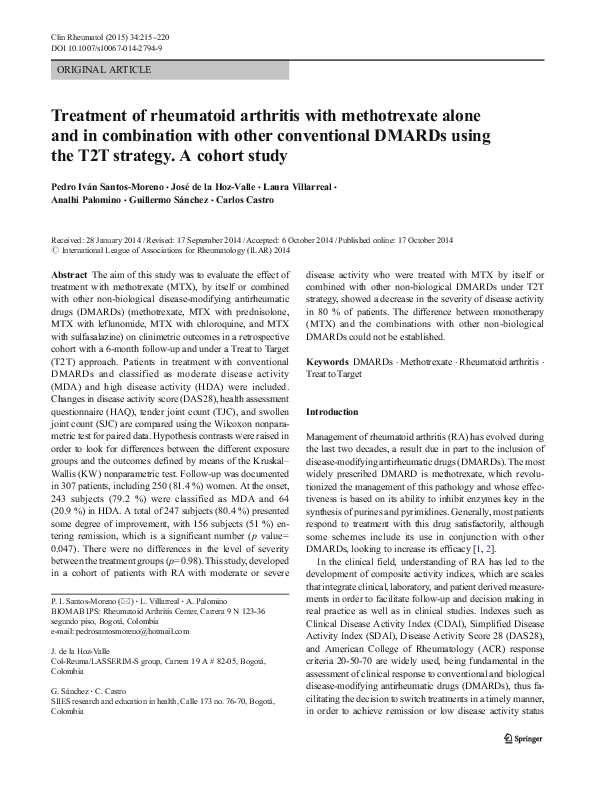 (PDF) Treatment of rheumatoid arthritis with methotrexate alone and in ...