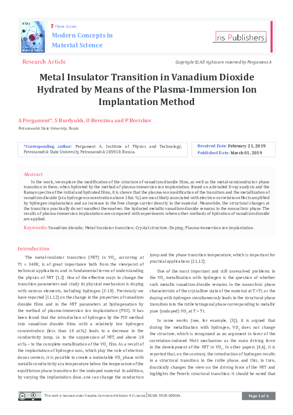 (PDF) Metal Insulator Transition in Vanadium Dioxide Hydrated by Means ...
