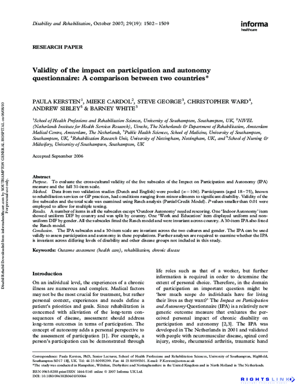 (PDF) Validity of the impact on participation and autonomy ...