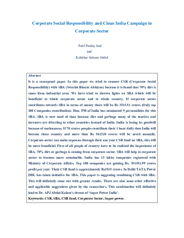 (PDF) Corporate Social Responsibility and Clean India Campaign in ...