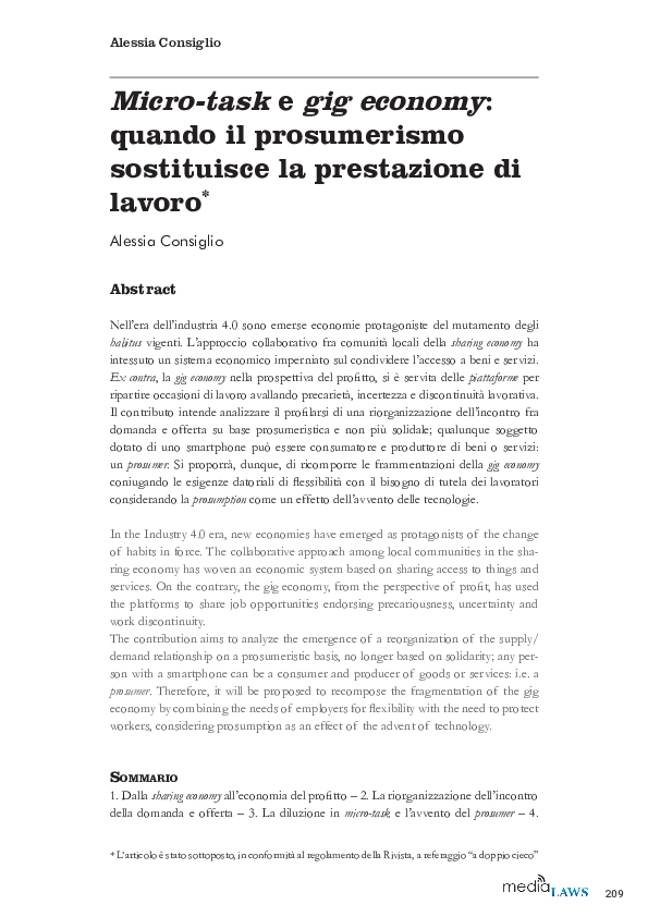(PDF) Microtask e gig economy quando il prosumerismo sostituisce la