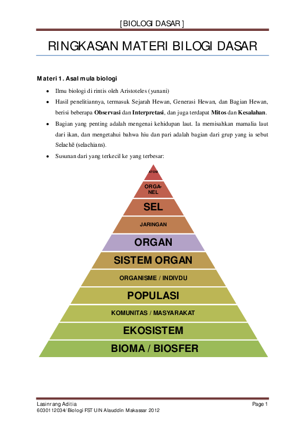 (PDF) BIOLOGI DASAR ] RINGKASAN MATERI BILOGI DASAR Materi 1. Asal mula ...