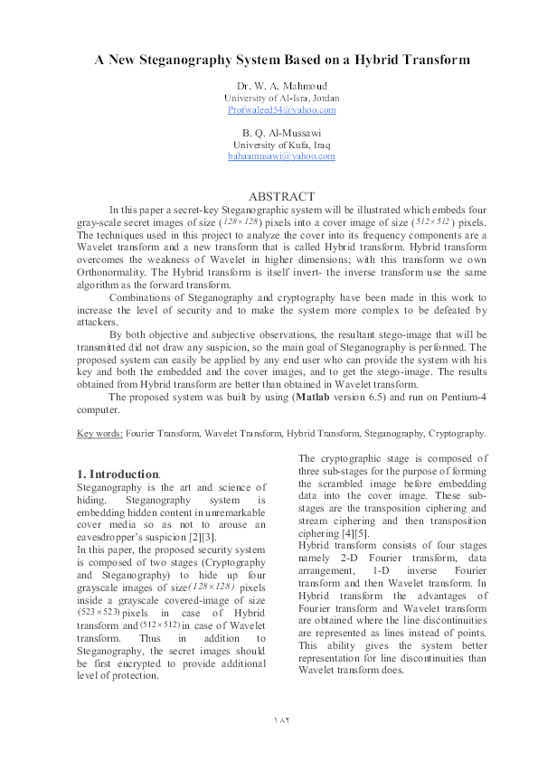 (PDF) A New Steganography System Based on a Hybrid Transform