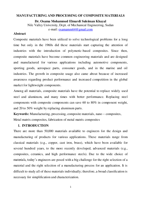 (PDF) MANUFACTURING AND PROCESSING OF COMPOSITE MATERIALS