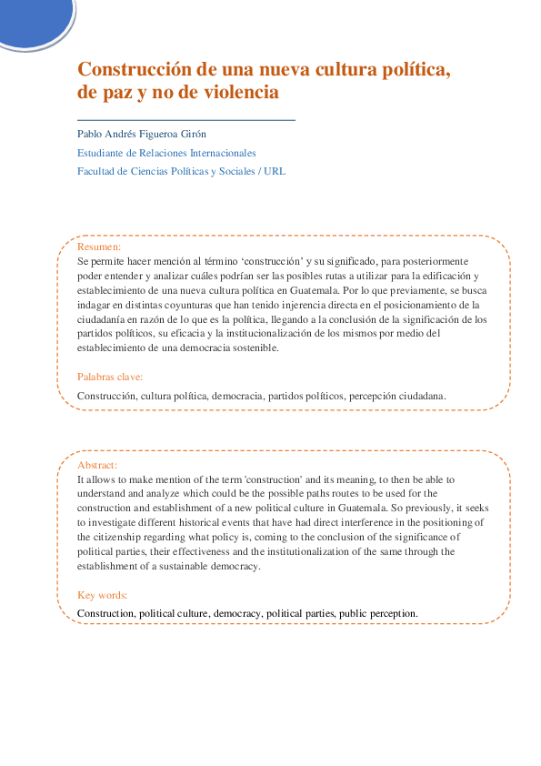 (PDF) Construcción de una nueva cultura política, de paz y no de violencia