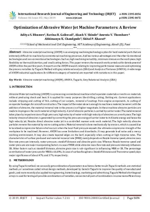 (PDF) IRJET Optimization of Abrasive Water Jet Machine Parameters A