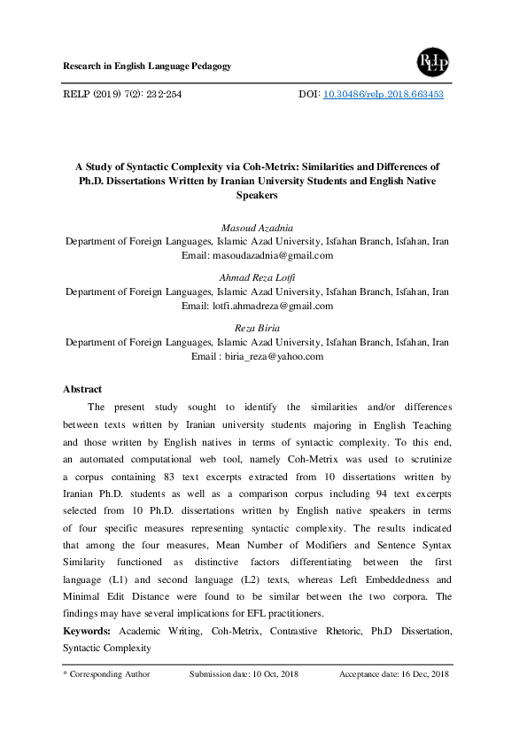(PDF) A Study of Syntactic Complexity via Coh-Metrix: Similarities and ...