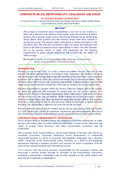 (PDF) CORPORATE SOCIAL RESPONSIBILITY: CHALLENGES AND ISSUES