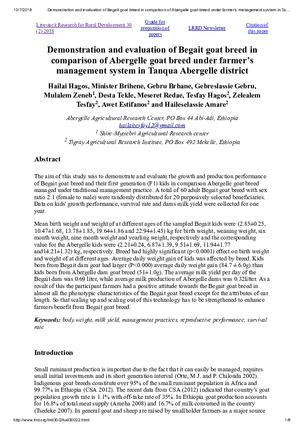 (PDF) -Demonstration and evaluation of begait goat breed in comparison ...