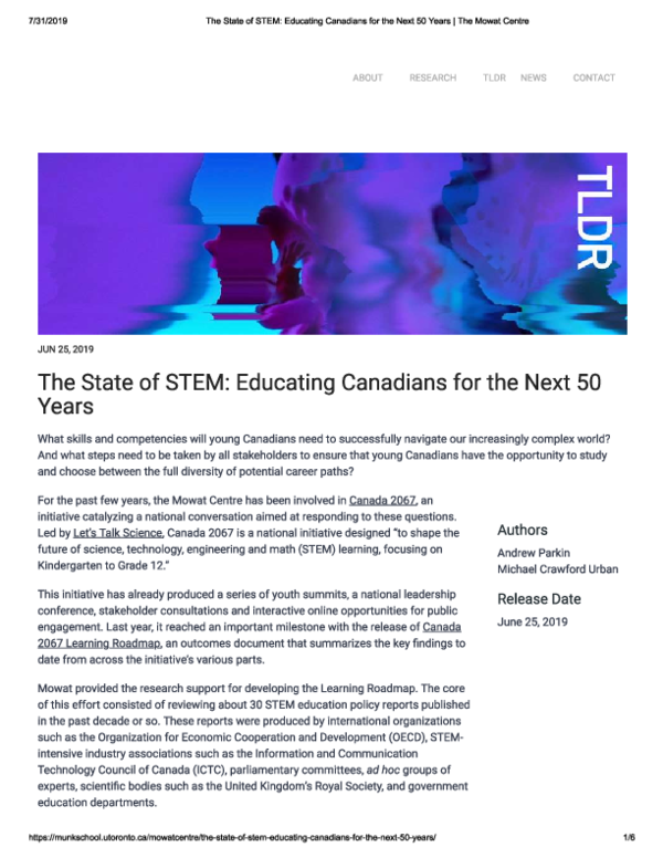 (PDF) The State of STEM Educating Canadians for the Next 50 Years