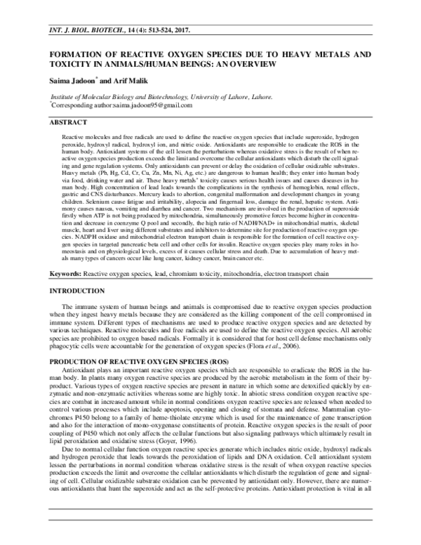 (PDF) FORMATION OF REACTIVE OXYGEN SPECIES DUE TO HEAVY METALS AND ...