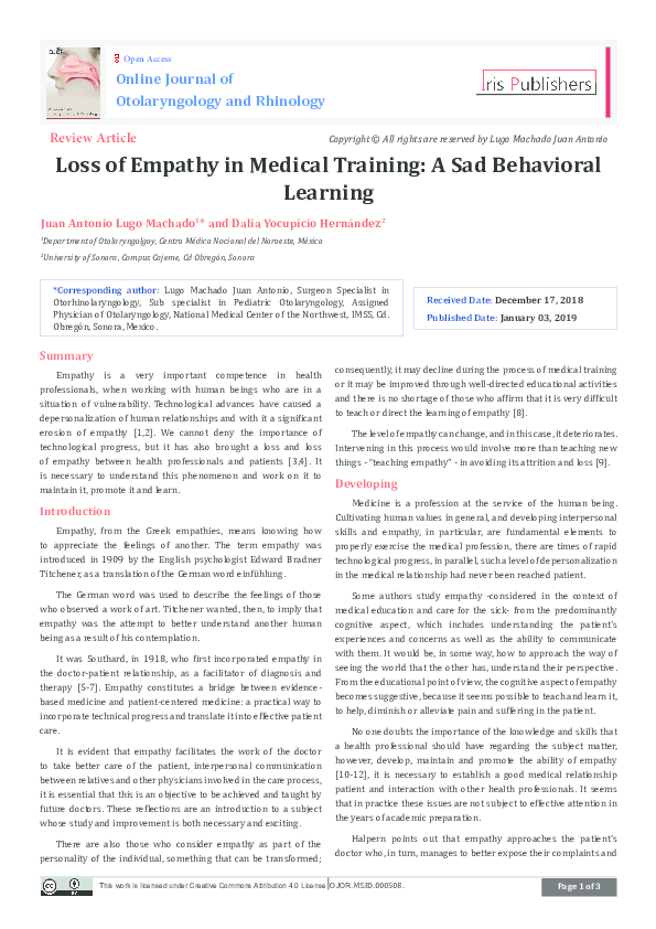 (PDF) Loss of Empathy in Medical Training: A Sad Behavioral Learning